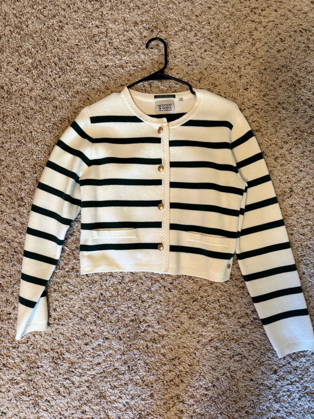 Talbots Cream and Green Striped Button-Front Cardigan